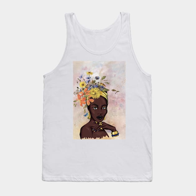 A beautiful black african woman with blooming flowers on head modern art painting female blue eyes Tank Top by Modern Art